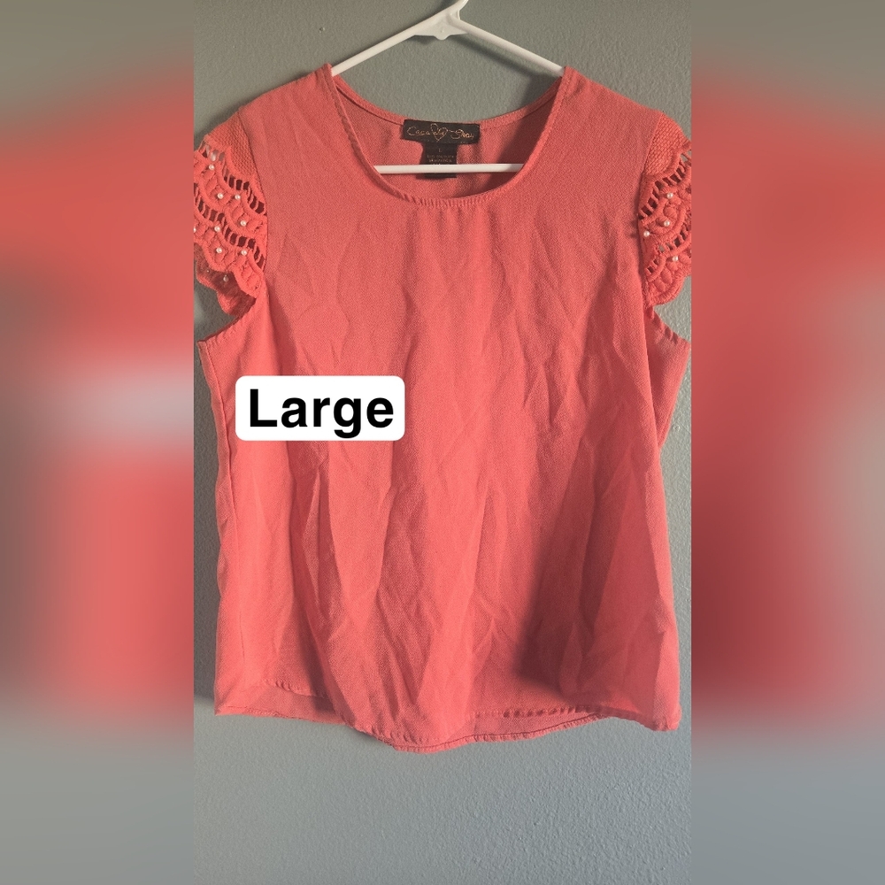 Coral/ Peach Lace Sleeve Blouse Large